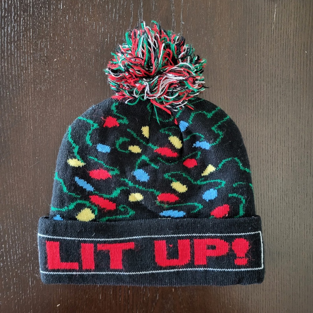 Lit Up Pom Pom Beanie Hat Black Multicolor One Size